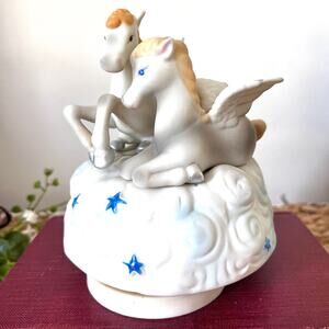 Bisque Porcelain Winged Horses on Clouds Musical Figurine Stars Mythical Baby